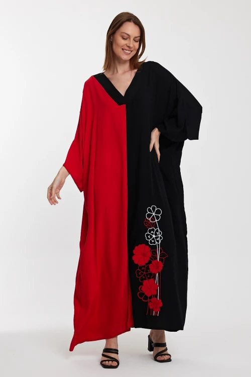 Maxi Boy Kırmızı V Yaka Nakış İşlemeli Renk Bloklu Uzun Boy Gömlek Elbise BCVL-24958