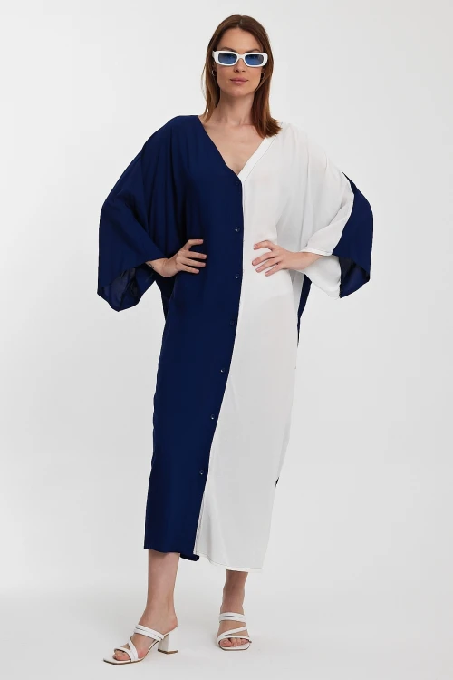 Maxi Boy Lacivert Beyaz Nakış İşlemeli Renk Bloklu Uzun Boy Dokuma Elbise BCVL-24956