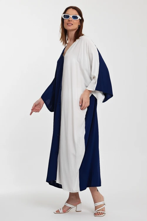Maxi Boy Lacivert Beyaz Nakış İşlemeli Renk Bloklu Uzun Boy Dokuma Elbise BCVL-24956