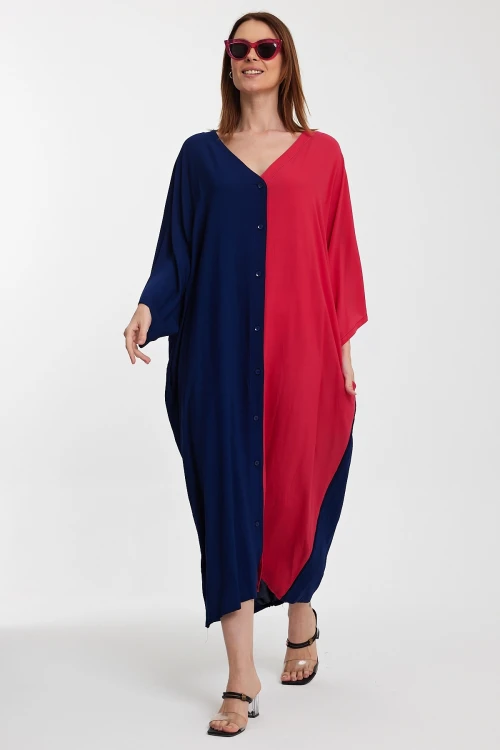 Maxi Boy Lacivert Fuşya Nakış İşlemeli Renk Bloklu Uzun Boy Dokuma Elbise BCVL-24956