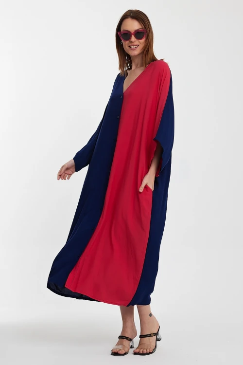 Maxi Boy Lacivert Fuşya Nakış İşlemeli Renk Bloklu Uzun Boy Dokuma Elbise BCVL-24956