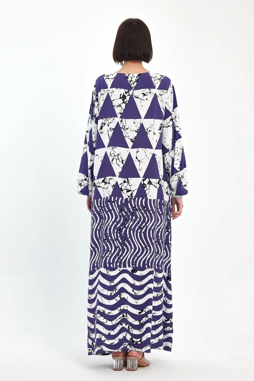 Maxi Boy Lacivert Geometrik Desenli Bisiklet Yaka Uzun Boy Salaş Kesim Dokuma Elbise BCVL-241058