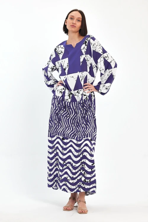 Maxi Boy Lacivert Geometrik Desenli Bisiklet Yaka Uzun Boy Salaş Kesim Dokuma Elbise BCVL-241058