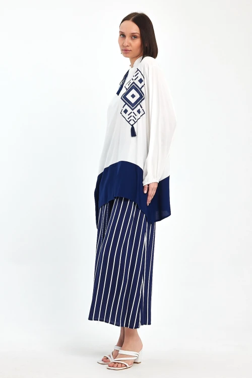 Maxi Boy Lacivert Renk Bloklu Çizgili Pantolon Ve Uzun Tunik Alt Üst Takım BCVL-241021