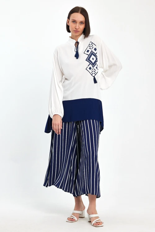 Maxi Boy Lacivert Renk Bloklu Çizgili Pantolon Ve Uzun Tunik Alt Üst Takım BCVL-241021