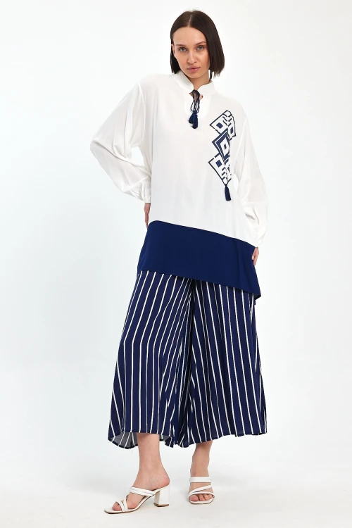 Maxi Boy Lacivert Renk Bloklu Çizgili Pantolon Ve Uzun Tunik Alt Üst Takım BCVL-241021