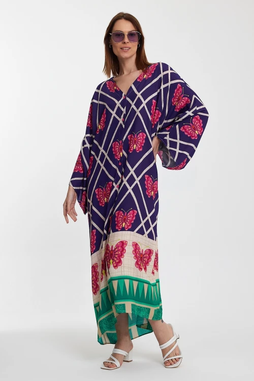 Maxi Boy Lacivert V Yaka Çiçek Desenli Uzun Boy Dokuma Gömlek Elbise BCVL-241032