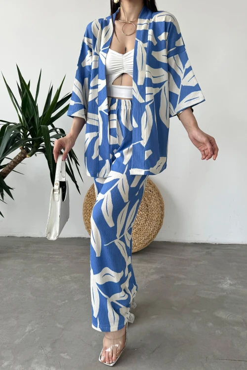 Mavi Bej Desenli Krinkle Kumaş Pantolon Ve Kimono Alt Üst Takım BCDF-241201
