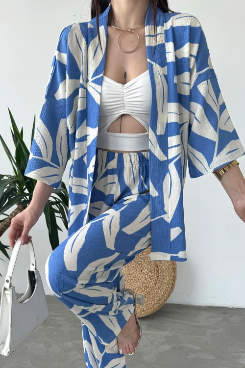 Mavi Bej Desenli Krinkle Kumaş Pantolon Ve Kimono Alt Üst Takım BCDF-241201