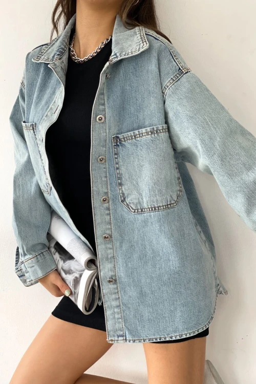 Mavi Çift Cepli Yıkamalı Denim Gömlek Ceket BCDF-235403