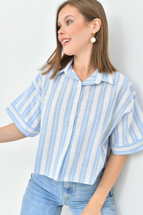 Mavi Çizgili Simli Duble Kol Crop Keten Dokuma Gömlek BC241157