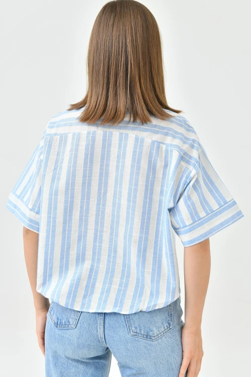 Mavi Çizgili Simli Duble Kol Crop Keten Dokuma Gömlek BC241157
