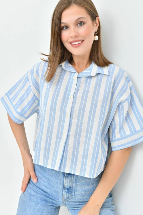 Mavi Çizgili Simli Duble Kol Crop Keten Dokuma Gömlek BC241157