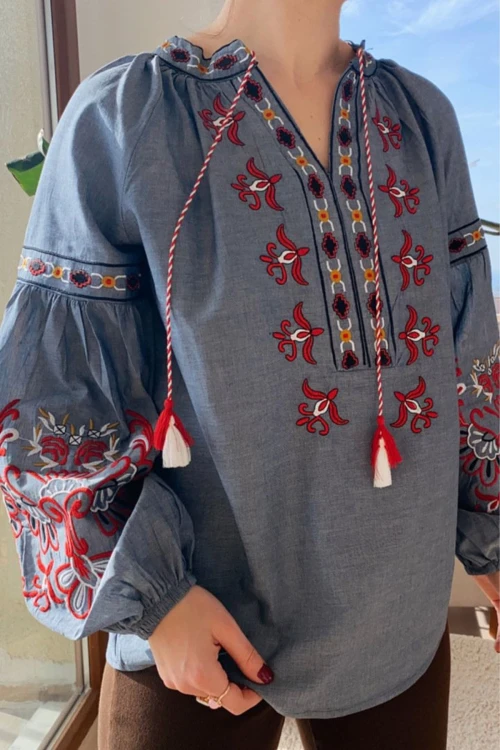 Mavi Nakışlı Tensel Kumaş Bohem Dokuma Bluz BC241130