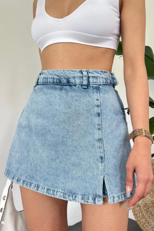 Mavi Yırtmaç Detaylı Denim Şort Etek