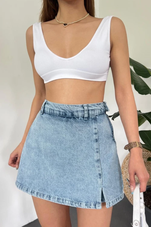 Mavi Yırtmaç Detaylı Denim Şort Etek