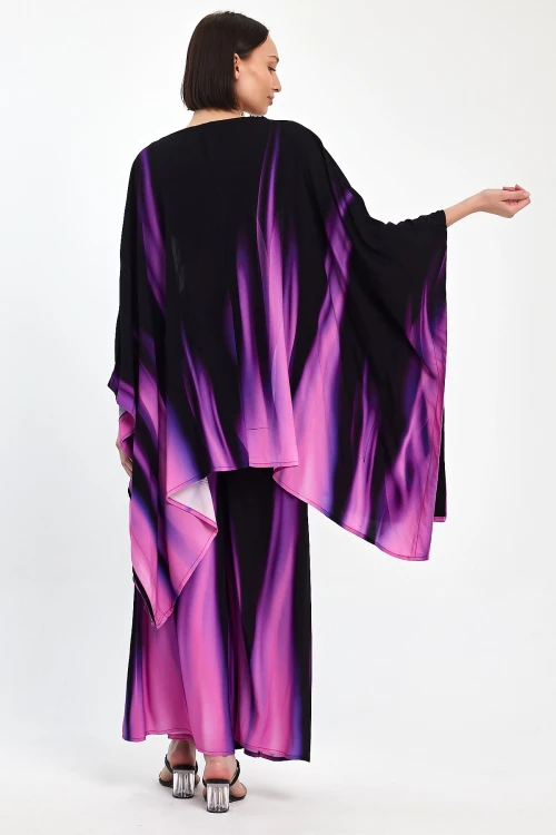 Mor Degrade Desenli Pantolon Ve Kimono Dokuma Alt Üst Takım