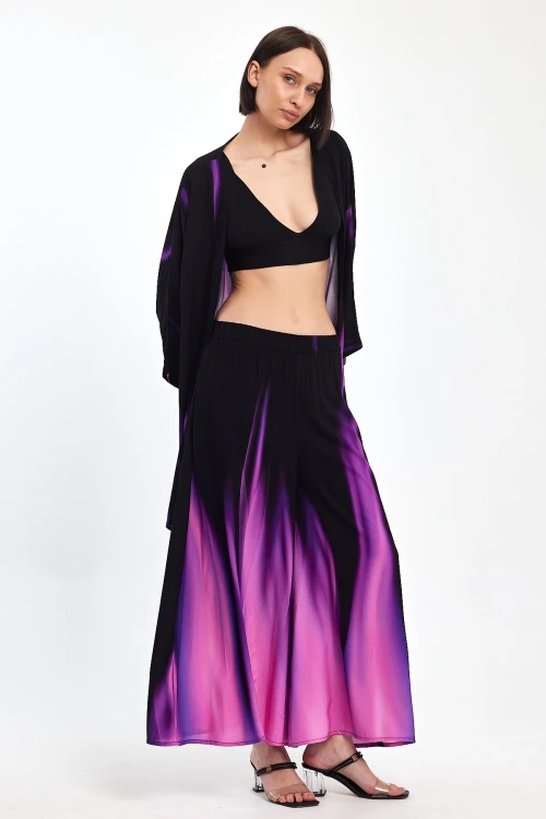 Mor Degrade Desenli Pantolon Ve Kimono Dokuma Alt Üst Takım