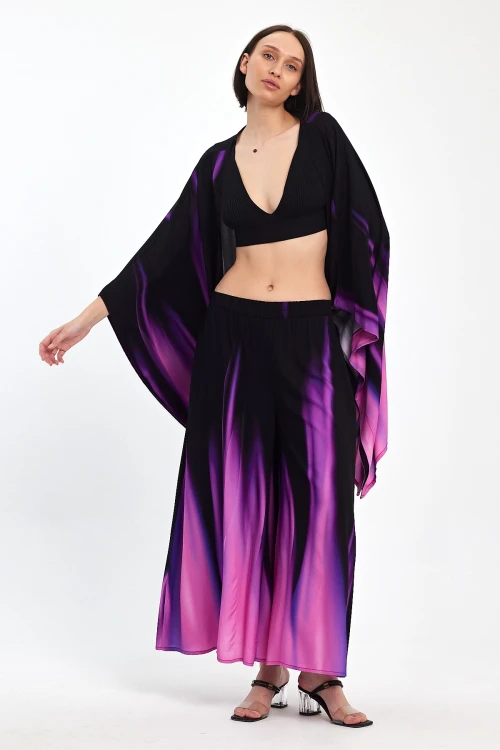 Mor Degrade Desenli Pantolon Ve Kimono Dokuma Alt Üst Takım