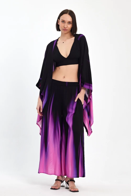 Mor Degrade Desenli Pantolon Ve Kimono Dokuma Alt Üst Takım