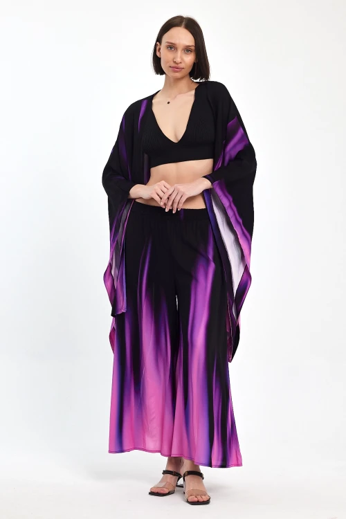 Mor Degrade Desenli Pantolon Ve Kimono Dokuma Alt Üst Takım