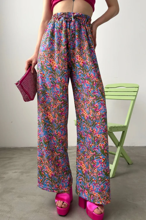 Mor Desenli Beli Lastikli Bürümcük Pantolon  BCDF-241104