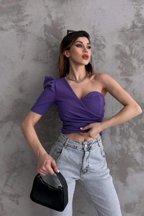 Mor Prenses Kol Tek Omuz Crep Bluz