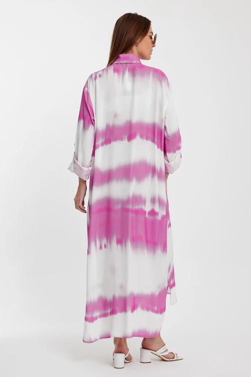 Maxi Boy Pembe Çiçek Desenli Degrade Uzun Boy Dokuma Gömlek Elbise BCVL-24987