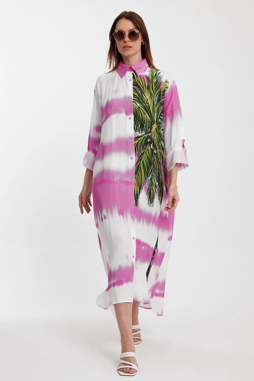 Maxi Boy Pembe Çiçek Desenli Degrade Uzun Boy Dokuma Gömlek Elbise BCVL-24987