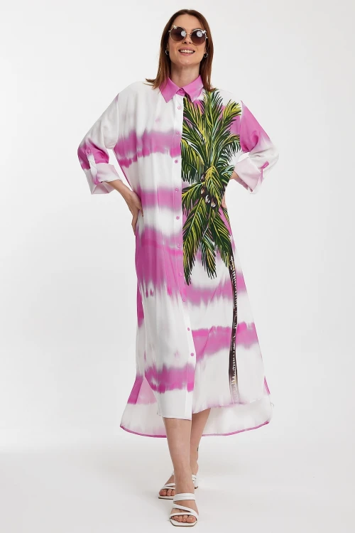 Maxi Boy Pembe Çiçek Desenli Degrade Uzun Boy Dokuma Gömlek Elbise BCVL-24987