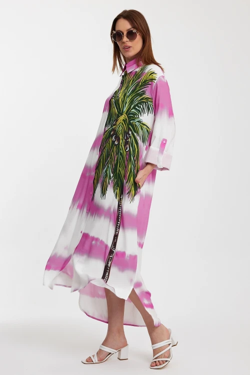 Maxi Boy Pembe Çiçek Desenli Degrade Uzun Boy Dokuma Gömlek Elbise BCVL-24987