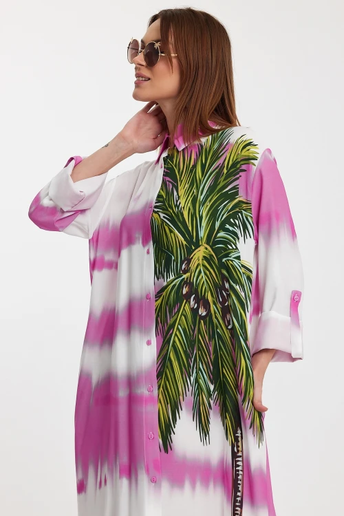 Maxi Boy Pembe Çiçek Desenli Degrade Uzun Boy Dokuma Gömlek Elbise BCVL-24987