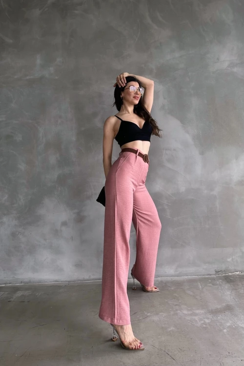 Pudra Beli Kemerli Keten Pantolon BCDF-241103