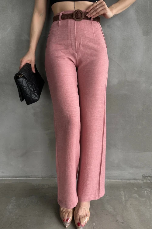 Pudra Beli Kemerli Keten Pantolon BCDF-241103