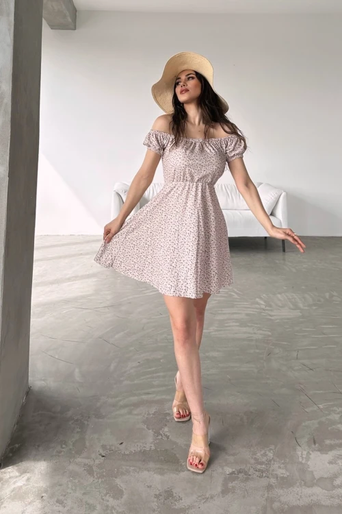 Pudra Madonna Yaka Çiçek Desenli Krinkıl Elbise