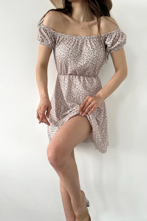 Pudra Madonna Yaka Çiçek Desenli Krinkıl Elbise