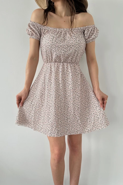 Pudra Madonna Yaka Çiçek Desenli Krinkıl Elbise