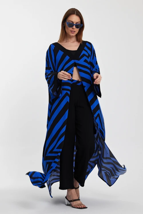 Maxi Boy Saks Geometrik Desenli Pantolon Ve Uzun Kimono Ceket Alt Üst Takım BCVL-241015