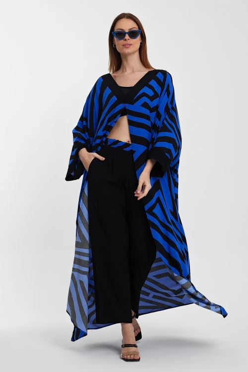 Maxi Boy Saks Geometrik Desenli Pantolon Ve Uzun Kimono Ceket Alt Üst Takım BCVL-241015