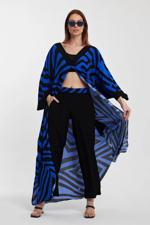 Maxi Boy Saks Geometrik Desenli Pantolon Ve Uzun Kimono Ceket Alt Üst Takım BCVL-241015