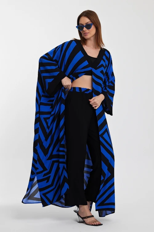 Maxi Boy Saks Geometrik Desenli Pantolon Ve Uzun Kimono Ceket Alt Üst Takım BCVL-241015