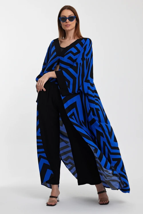 Maxi Boy Saks Geometrik Desenli Pantolon Ve Uzun Kimono Ceket Alt Üst Takım BCVL-241015