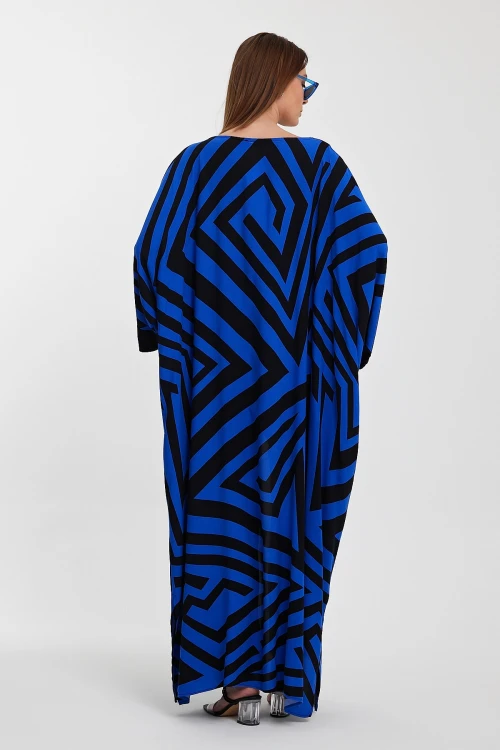 Maxi Boy Saks Geometrik Desenli Pantolon Ve Uzun Kimono Ceket Alt Üst Takım BCVL-241015