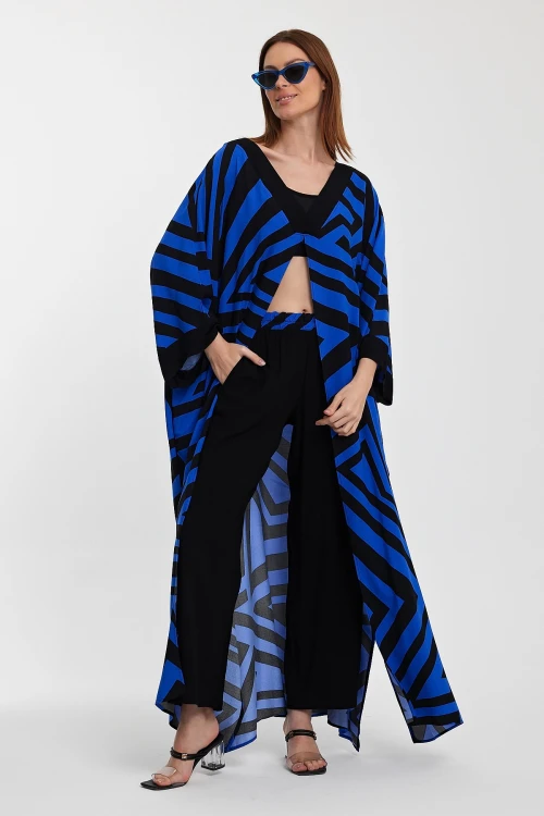 Maxi Boy Saks Geometrik Desenli Pantolon Ve Uzun Kimono Ceket Alt Üst Takım BCVL-241015