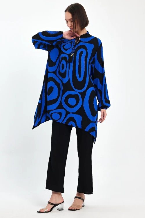 Maxi Boy Saks Geometrik Desenli Pantolon Ve Uzun Tunik Alt Üst Takım BCVL-241017