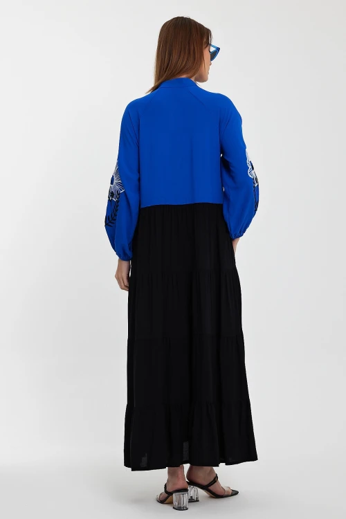 Maxi Boy Saks Hakim Yaka Nakış İşlemeli Renk Bloklu Uzun Boy Gömlek Elbise BCVL-24996