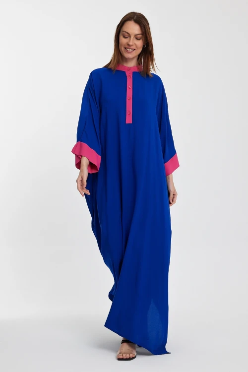 Maxi Boy Saks Hakim Yaka Nakış İşlemeli Uzun Boy Gömlek Elbise BCVL-24957