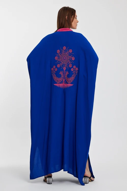 Maxi Boy Saks Hakim Yaka Nakış İşlemeli Uzun Boy Gömlek Elbise BCVL-24957