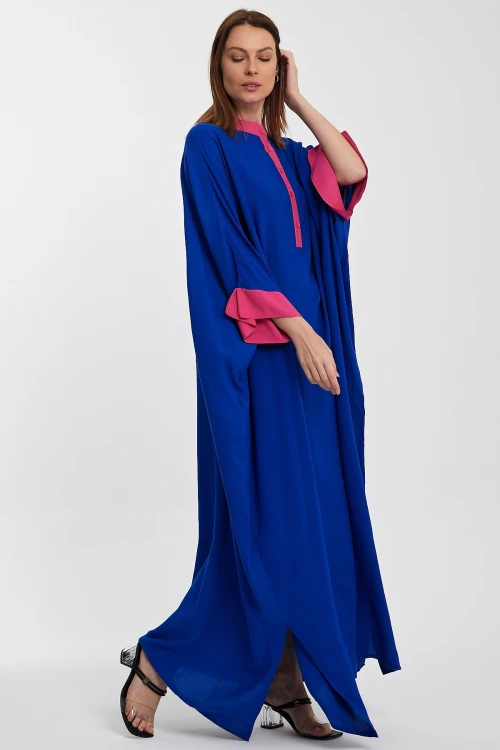 Maxi Boy Saks Hakim Yaka Nakış İşlemeli Uzun Boy Gömlek Elbise BCVL-24957