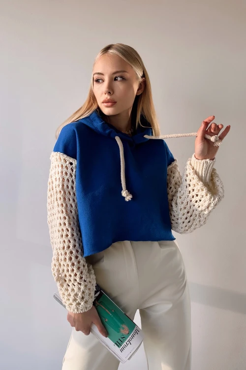 Saks Kapüşonlu Kolları Triko Örgü Crop Sweatshirt BC231021